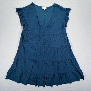 Socialite Mini Dress Womens Large Teal Blue Swiss Dot Tiered Boho